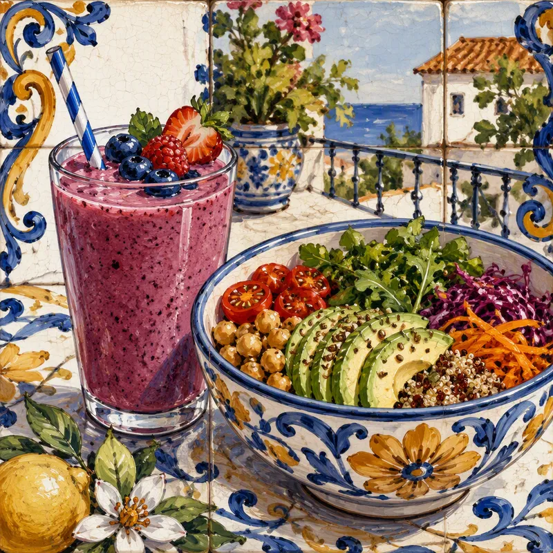 Raikas hedelmäsmoothie ja terveellinen kulhoannos