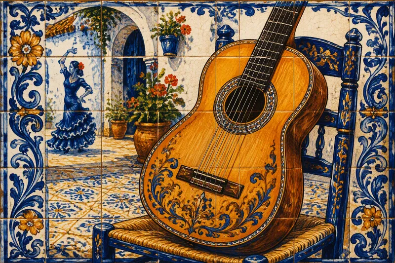 Espanjalainen flamenco-kitara aurinkoisella andalusialaisella sisäpihalla