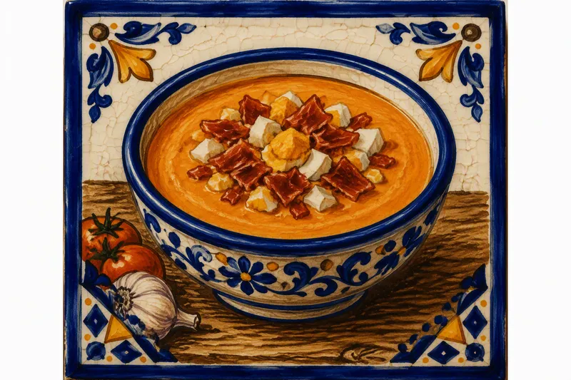 Salmorejo-keitto koristeltuna kinkulla ja kananmunalla Salmorejo-keitto koristeltuna kinkulla ja kananmunalla