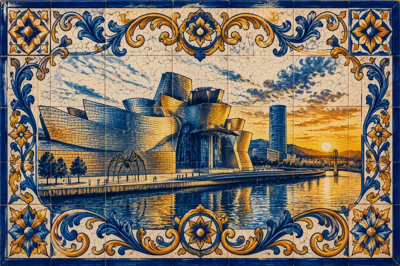 Guggenheim-museon ikoninen titaanirakennus joen rannalla Guggenheim-museon ikoninen titaanirakennus joen rannalla