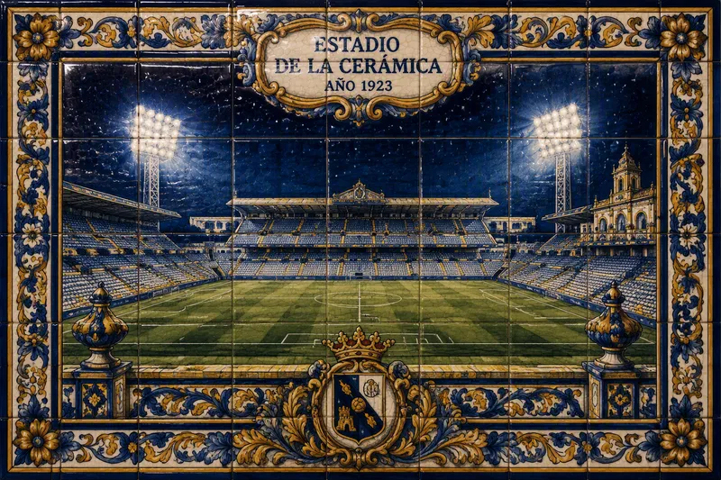 Valaistu jalkapallostadion iltahämärässä