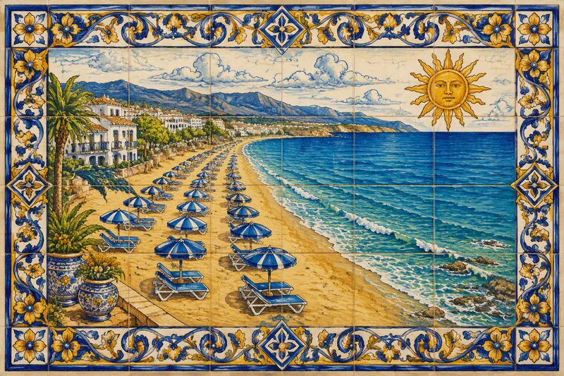Hiekkainen ranta ja turkoosi meri Marbellassa Hiekkainen ranta ja turkoosi meri Marbellassa