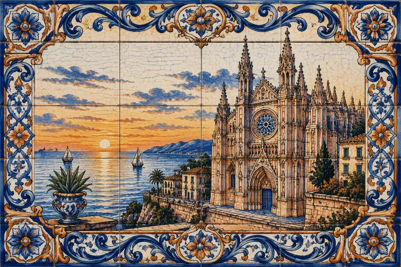 La Seu -katedraali meren rannalla auringonlaskussa La Seu -katedraali meren rannalla auringonlaskussa