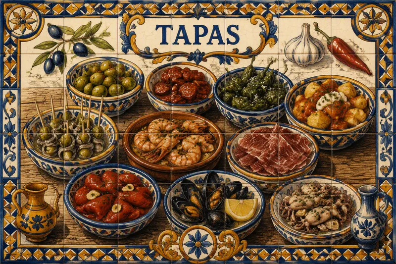 Espanjalaisia tapaksia puisella pöydällä Espanjalaisia tapaksia puisella pöydällä