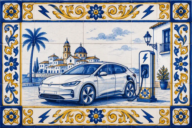 Sähköauto latauksessa aurinkoisessa espanjalaisessa kaupungissa Sähköauto latauksessa aurinkoisessa espanjalaisessa kaupungissa