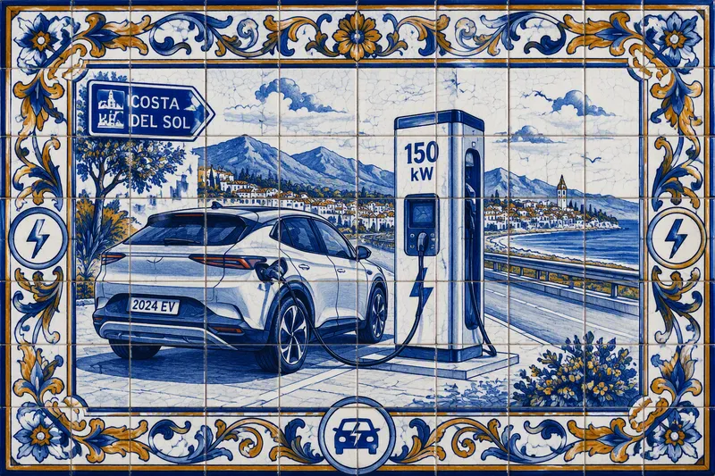 Sähköauto latauksessa aurinkoisella moottoritiellä Espanjassa