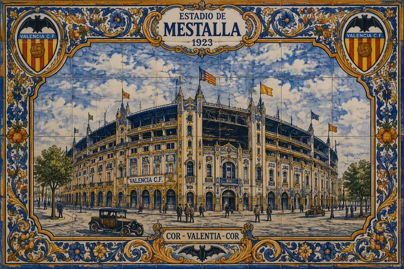 Mestalla-stadionin ulkokuori aurinkoisena päivänä