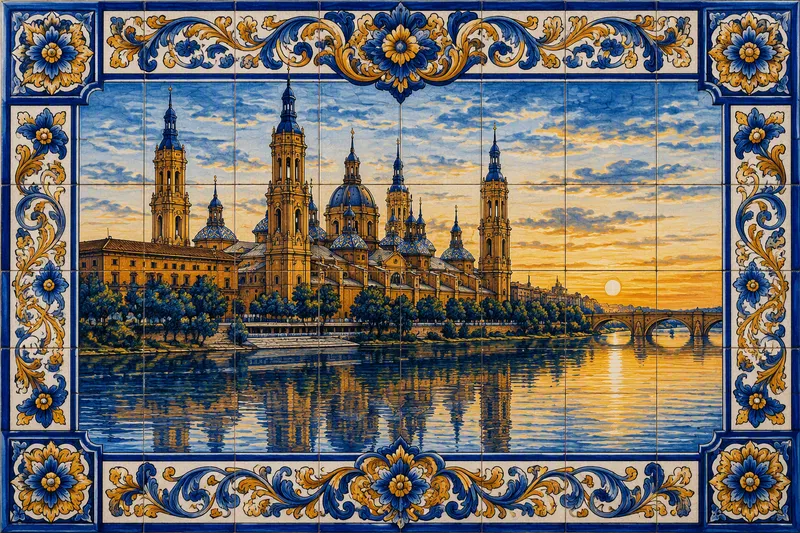 Basilica del Pilar Ebro-joen rannalla auringonlaskun aikaan Basilica del Pilar Ebro-joen rannalla auringonlaskun aikaan